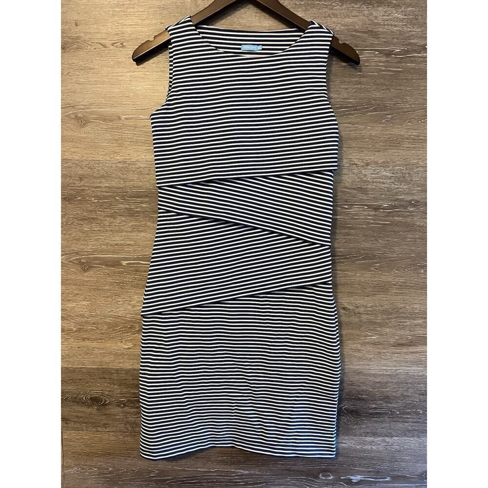 J McLaughlin Tiered Catalina Nautical Dress XS Blue White Stripes Boat Stretchy
